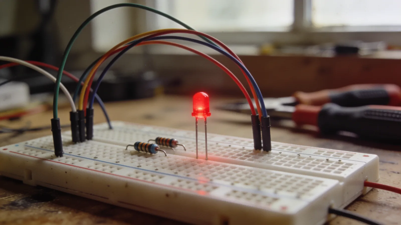 Breadboard üzerinde kurulmuş Arduino devresi, jumper kablolar ve LED'ler