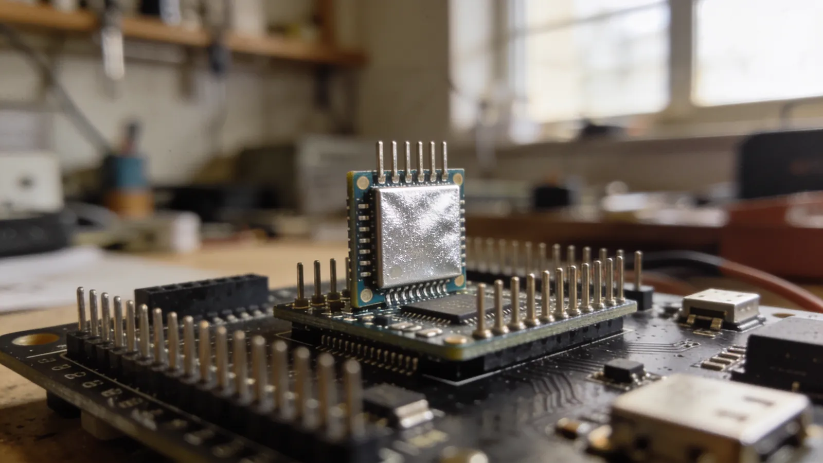ESP32 geliştirme kartı ve Arduino Uno kartı yan yana bir çalışma masasında