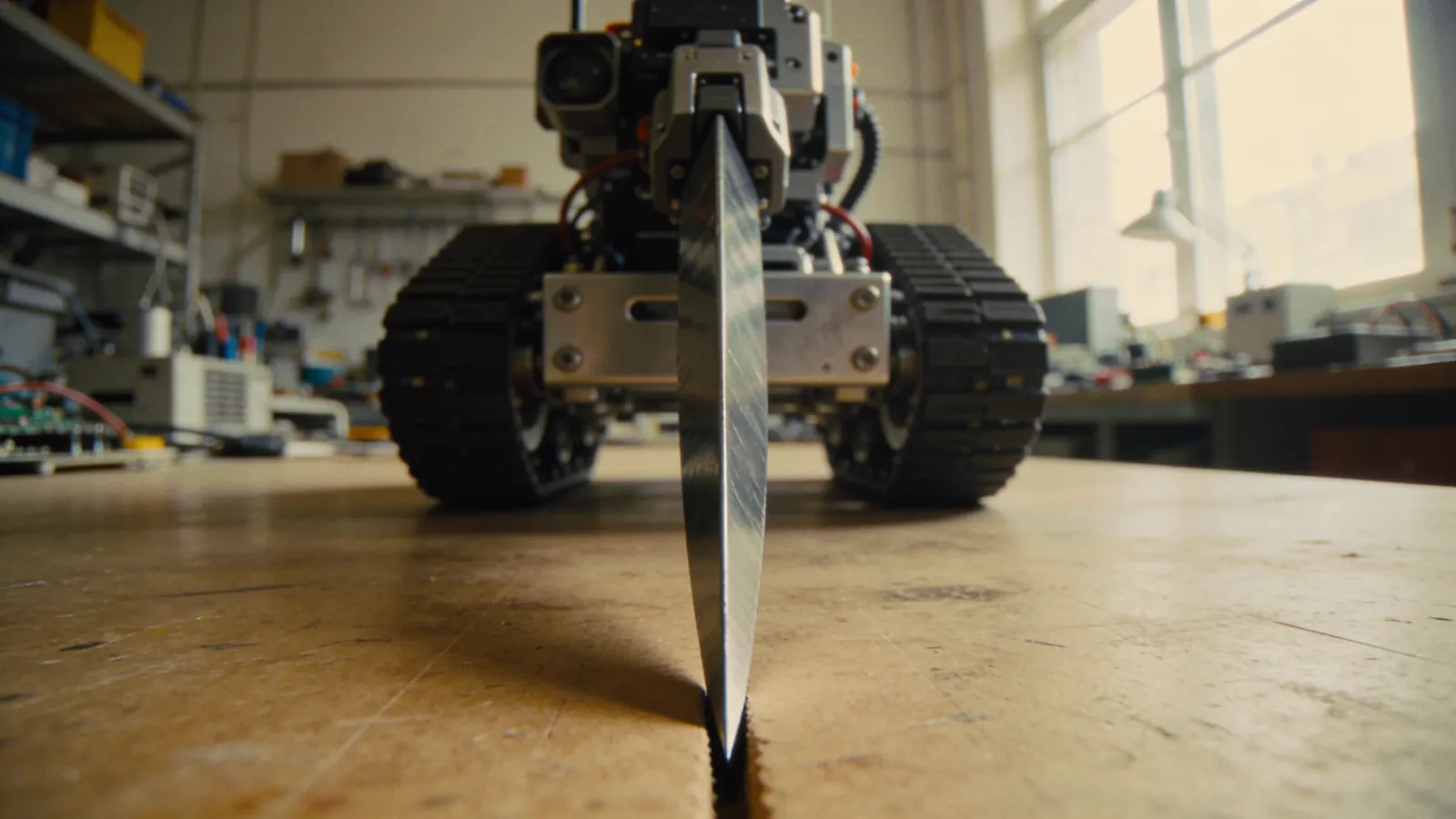 Mini sumo robotun alüminyum şasisi ve öndeki eğik çelik rampa yakın plan