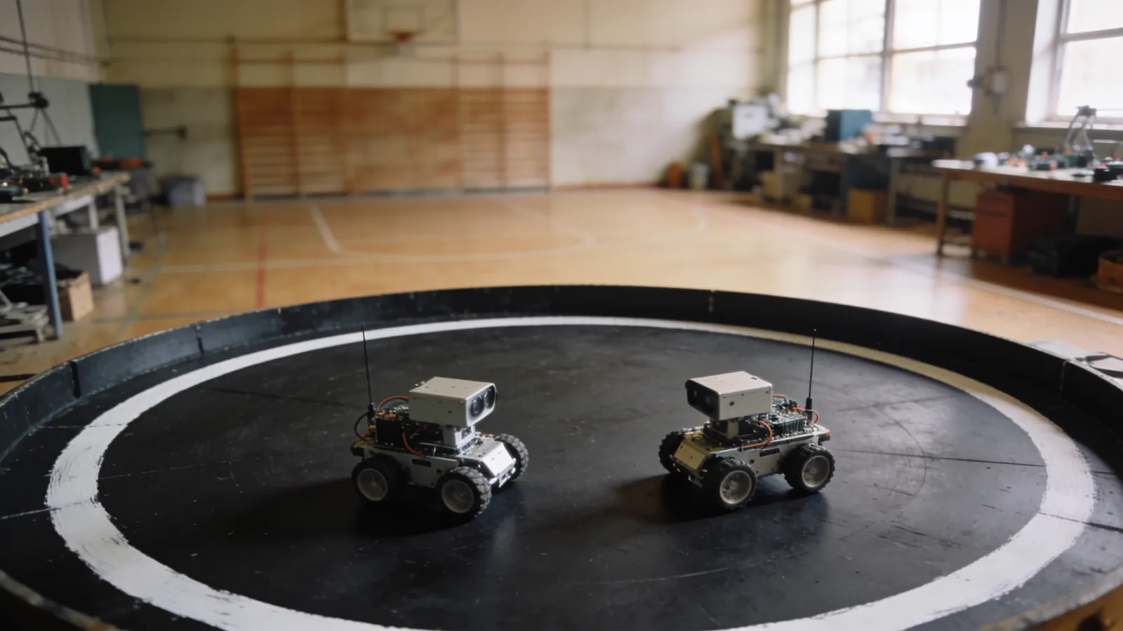 Mini sumo ringinin siyah zemini ve beyaz kenar şeridi üzerinde iki robot