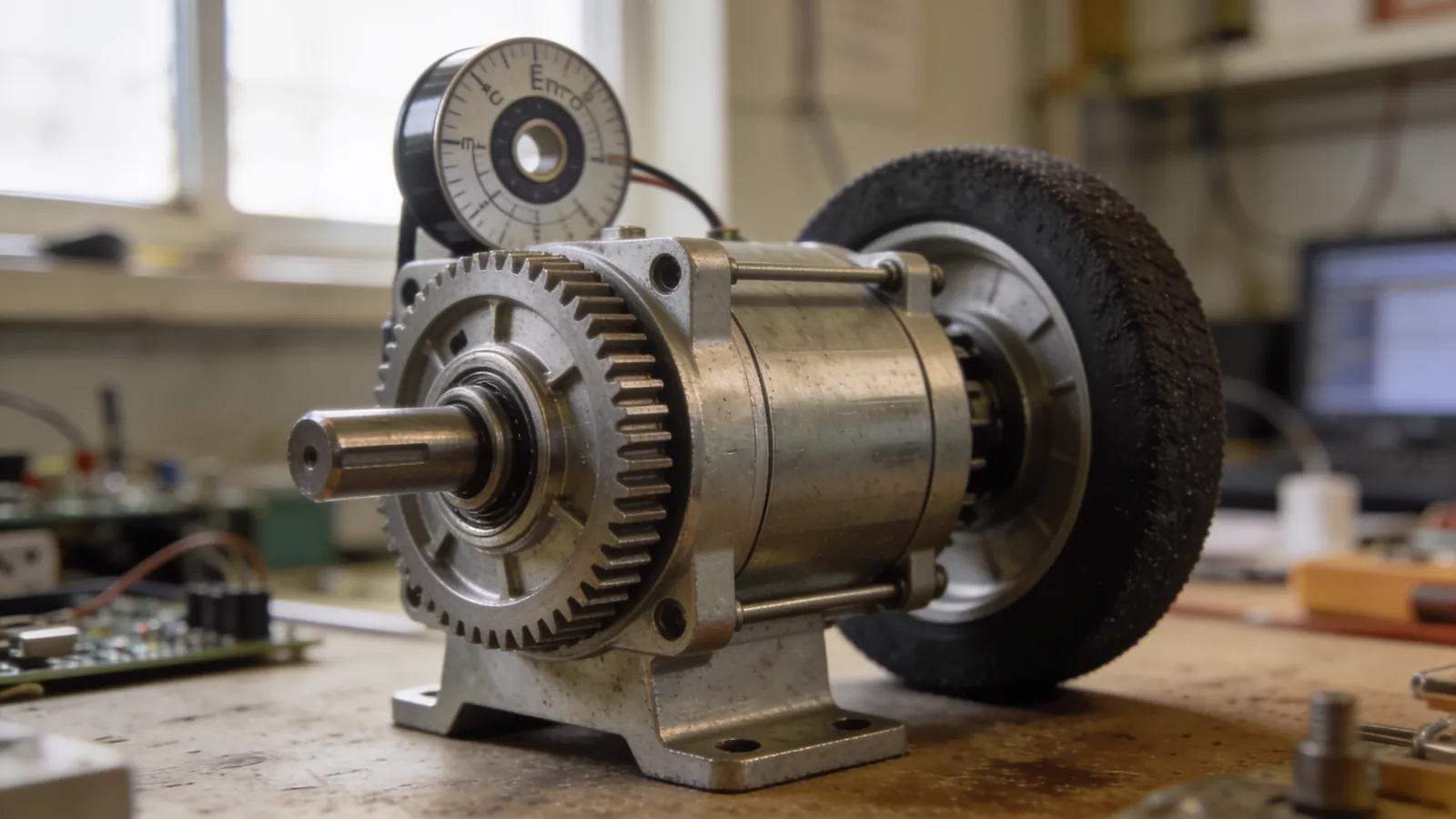 Metal redüktörlü DC motor, encoder ve tekerlek yakın plan detay