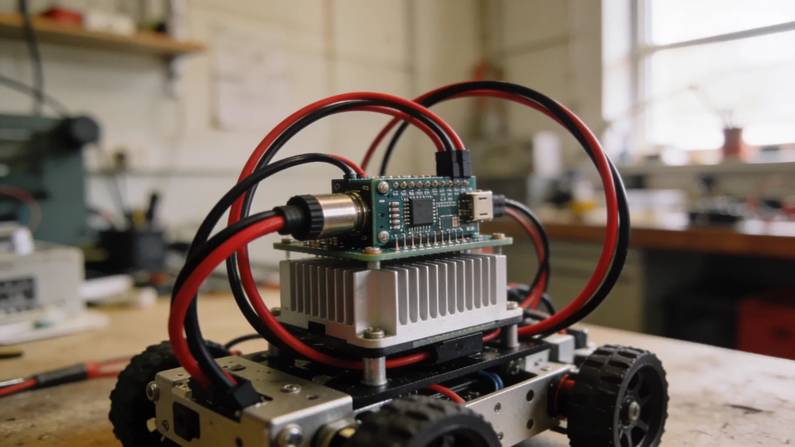 Motor sürücü kartı, kablolar ve robot şasisi üzerinde montaj detayı