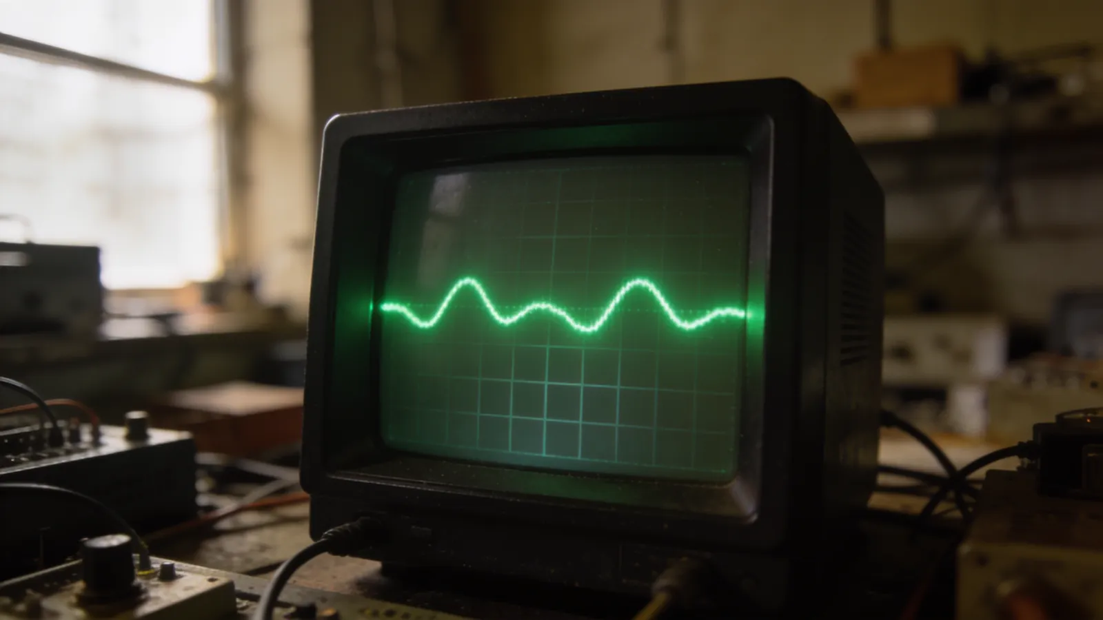Osiloskop ekranında salınım yapan bir kontrol sinyali ve elektronik test düzeneği
