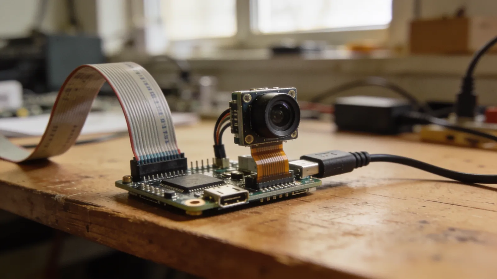Raspberry Pi kartı, kamera modülü ve bağlantı kabloları çalışma masasında