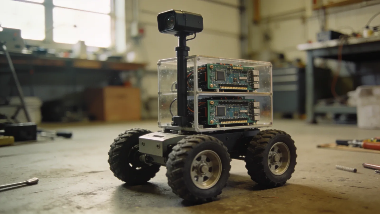 Otonom araç robotunun üzerindeki Raspberry Pi, kamera ve mikrodenetleyici kartı