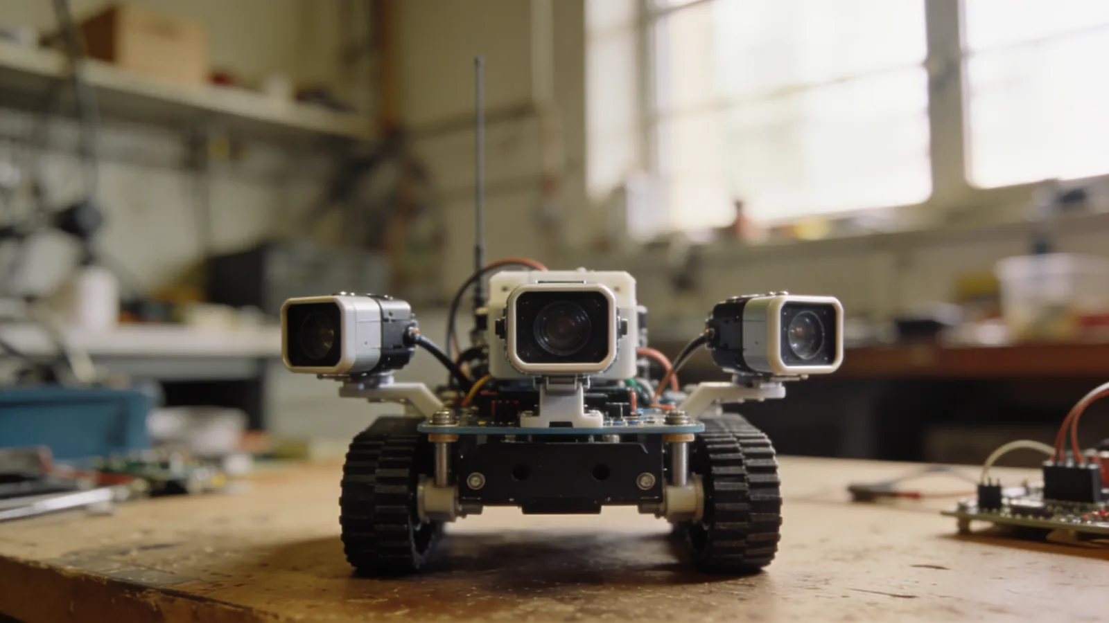 Robot şasisine monte edilmiş üç mesafe sensörü, önden ve yanlardan bakış açısı