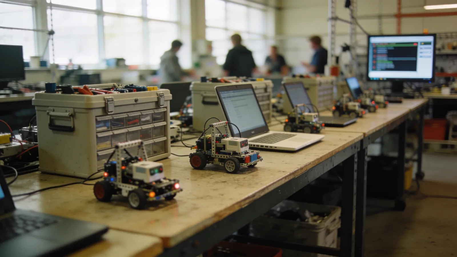 Robotik yarışma alanında masa üzerinde hazırlanan robotlar ve takım ekipmanları